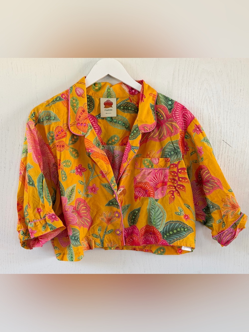 Farm Rio Macaw Bloom Cropped Yellow Shirt Cotton Women’s Size XL